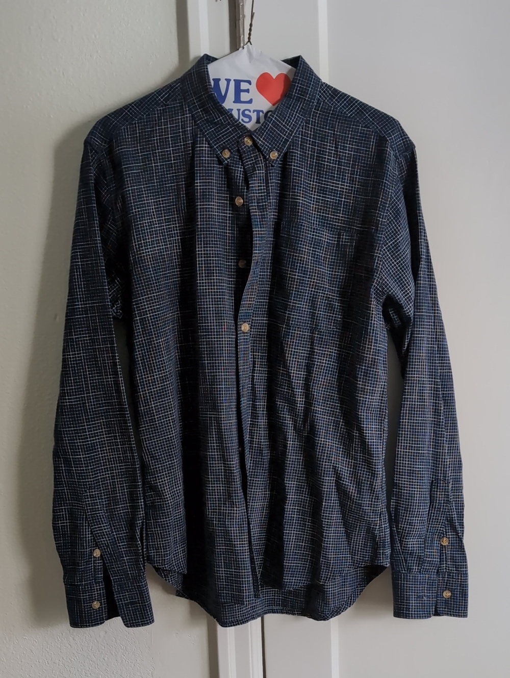 Men's Navy Blue Linen Checked Button-Down Shirt